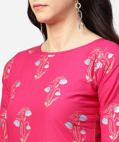 Pink Printed 3/4Th Sleeve Cotton Kurta With Printed Skirt | LASVINI - Redefining Indian Fashion with Elegance