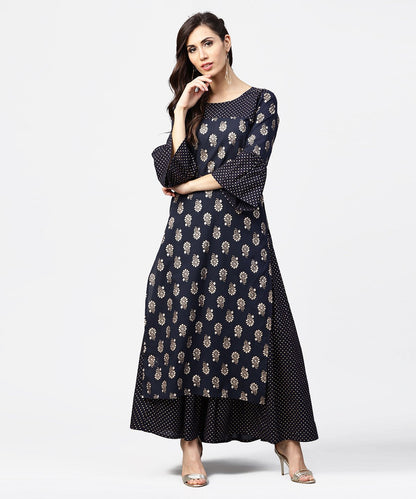 Navy Blue 3/4Th Sleeve Cotton Kurta With Black Printed Flared Skirt | LASVINI - Redefining Indian Fashion with Elegance