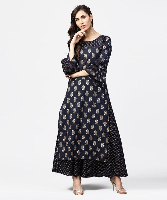 Navy Blue 3/4Th Sleeve Cotton Kurta With Black Printed Flared Skirt | LASVINI - Redefining Indian Fashion with Elegance
