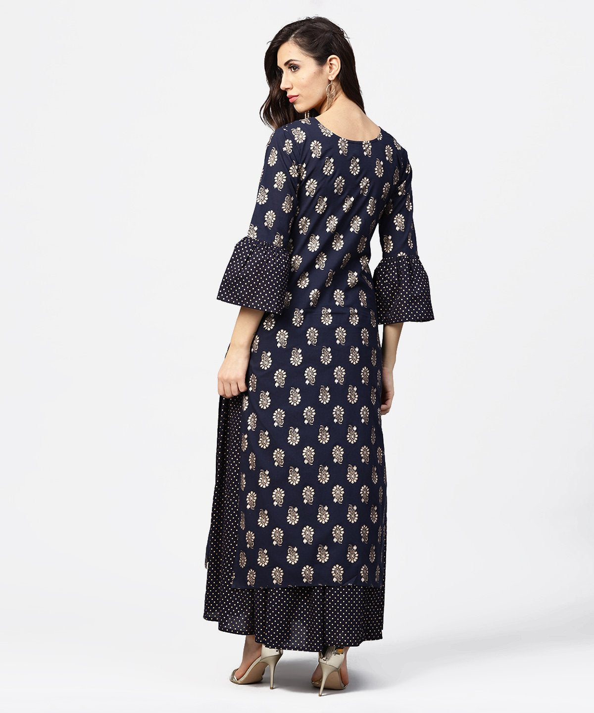 Navy Blue 3/4Th Sleeve Cotton Kurta With Black Printed Flared Skirt | LASVINI - Redefining Indian Fashion with Elegance