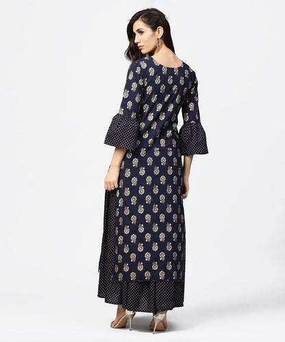 Navy Blue 3/4Th Sleeve Cotton Kurta With Black Printed Flared Skirt | LASVINI - Redefining Indian Fashion with Elegance