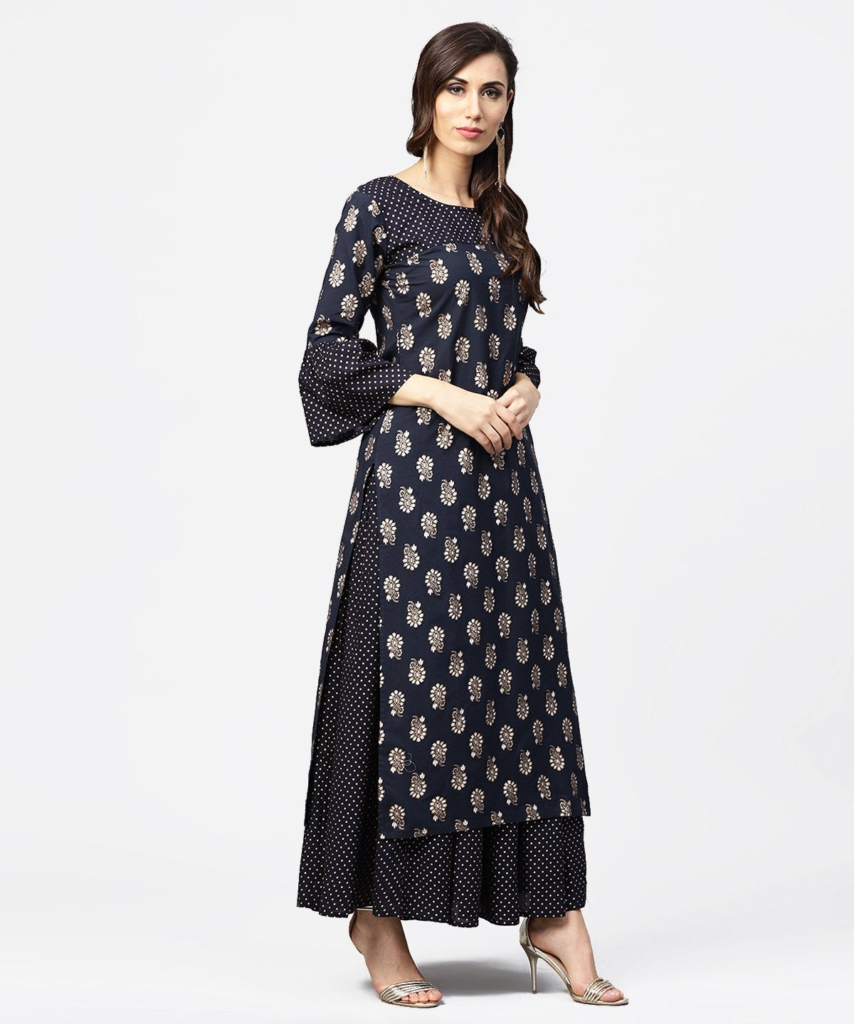 Navy Blue 3/4Th Sleeve Cotton Kurta With Black Printed Flared Skirt | LASVINI - Redefining Indian Fashion with Elegance