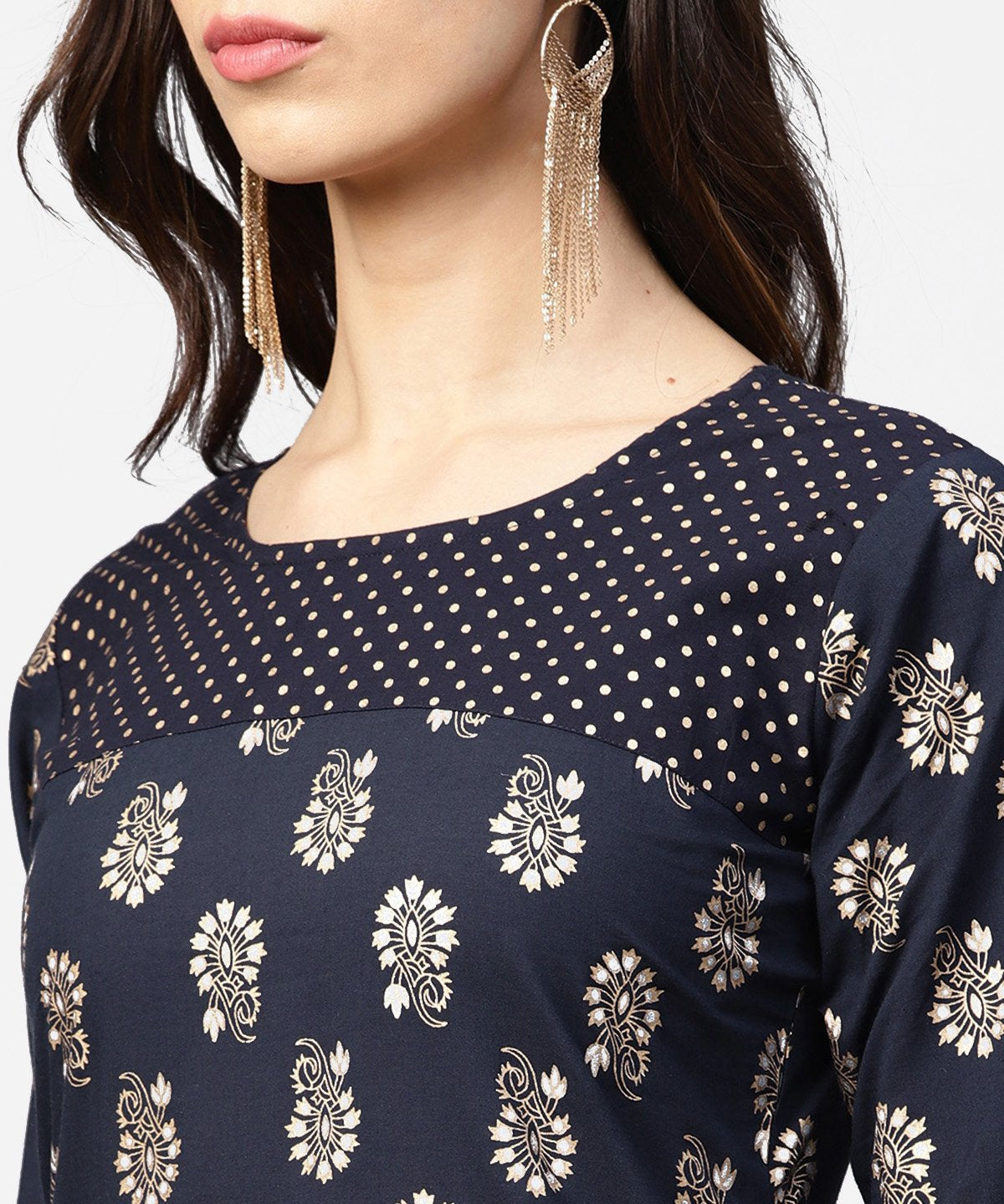 Navy Blue 3/4Th Sleeve Cotton Kurta With Black Printed Flared Skirt | LASVINI - Redefining Indian Fashion with Elegance