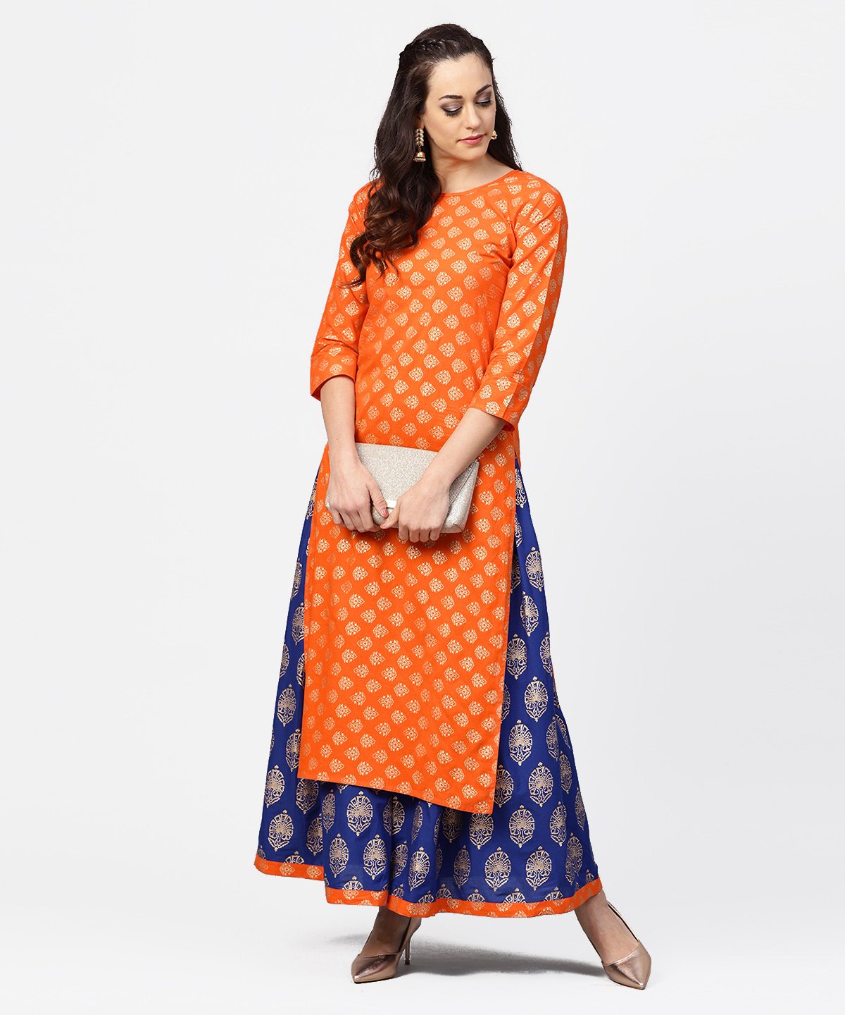 Orange Printed 3/4Th Sleeve Cotton Kurta With Blue Printed Flared Ankle Length Skirt | LASVINI - Redefining Indian Fashion with Elegance