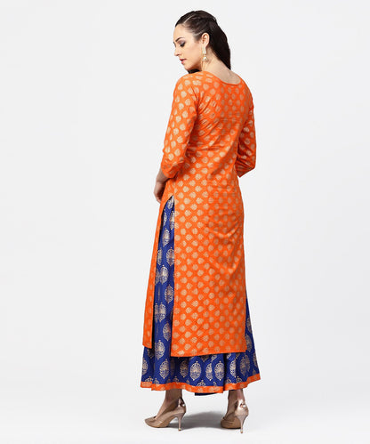 Orange Printed 3/4Th Sleeve Cotton Kurta With Blue Printed Flared Ankle Length Skirt | LASVINI - Redefining Indian Fashion with Elegance