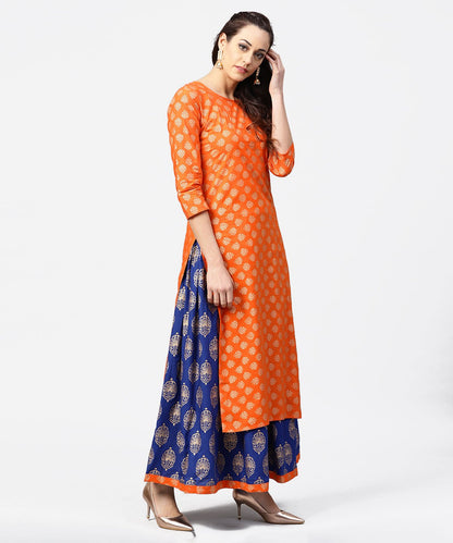 Orange Printed 3/4Th Sleeve Cotton Kurta With Blue Printed Flared Ankle Length Skirt | LASVINI - Redefining Indian Fashion with Elegance
