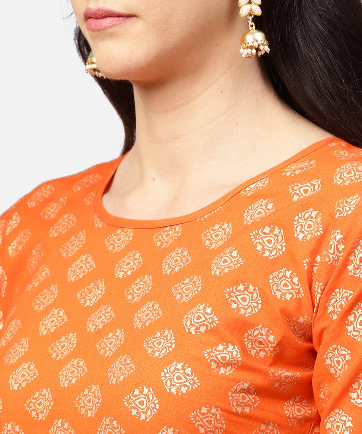 Orange Printed 3/4Th Sleeve Cotton Kurta With Blue Printed Flared Ankle Length Skirt | LASVINI - Redefining Indian Fashion with Elegance