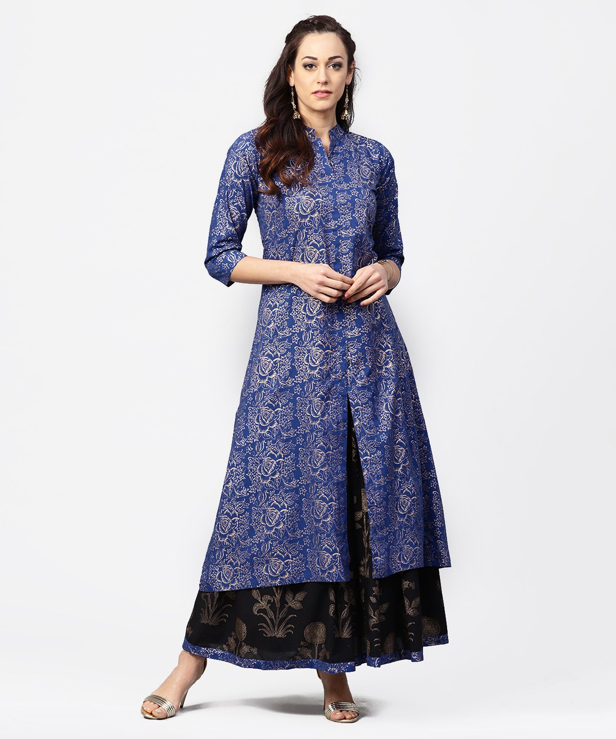Blue Printed 3/4Th Sleeve A-Line Kurta With Black Flared Skirt | LASVINI - Redefining Indian Fashion with Elegance