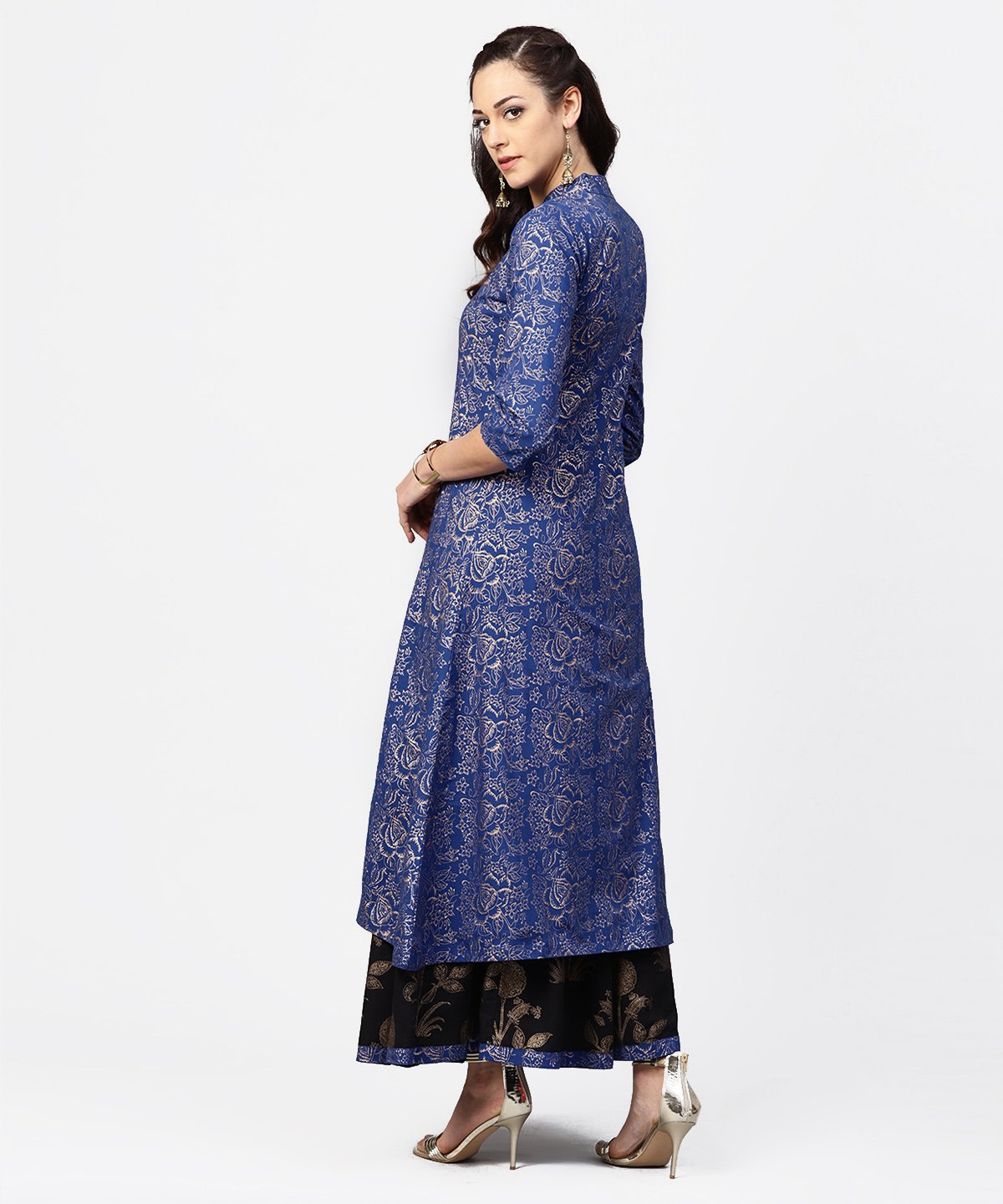 Blue Printed 3/4Th Sleeve A-Line Kurta With Black Flared Skirt | LASVINI - Redefining Indian Fashion with Elegance
