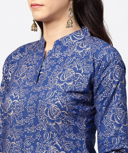 Blue Printed 3/4Th Sleeve A-Line Kurta With Black Flared Skirt | LASVINI - Redefining Indian Fashion with Elegance