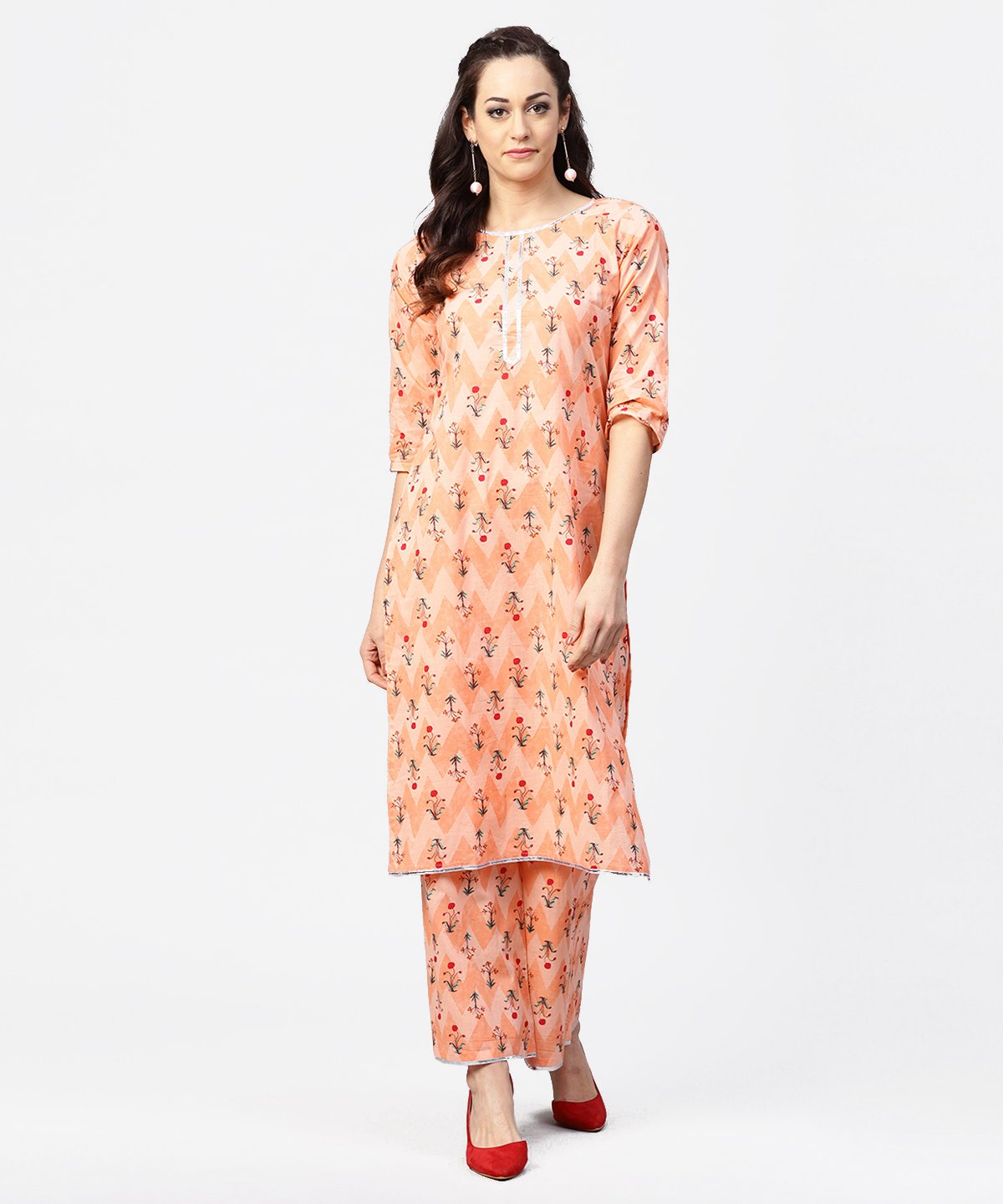 Peach Printed 3/4Th Sleeve Cotton Kurta With Printed Ankle Length Palazzo | LASVINI - Redefining Indian Fashion with Elegance
