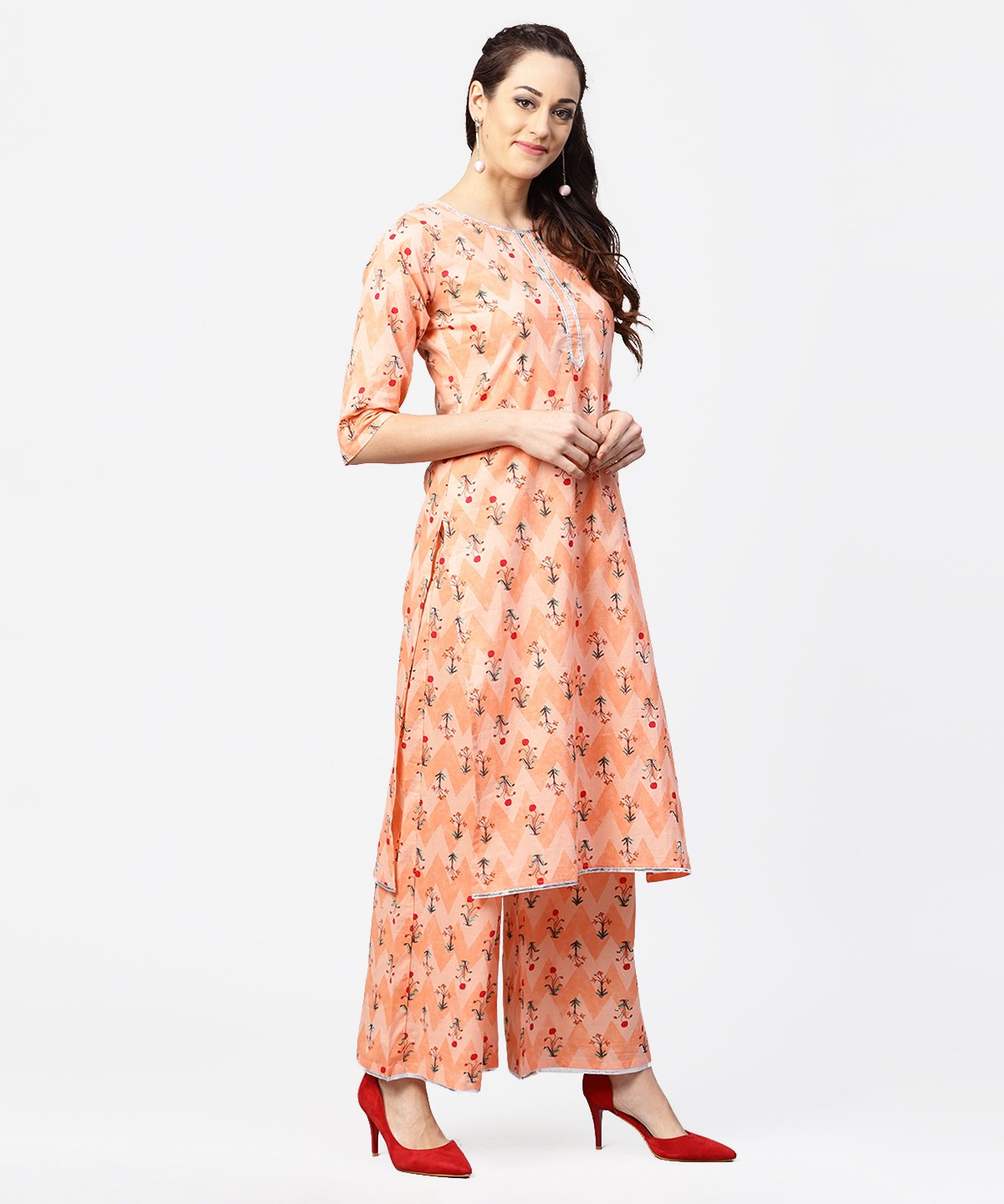 Peach Printed 3/4Th Sleeve Cotton Kurta With Printed Ankle Length Palazzo | LASVINI - Redefining Indian Fashion with Elegance