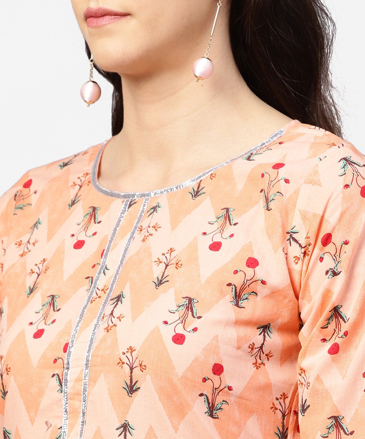 Peach Printed 3/4Th Sleeve Cotton Kurta With Printed Ankle Length Palazzo | LASVINI - Redefining Indian Fashion with Elegance