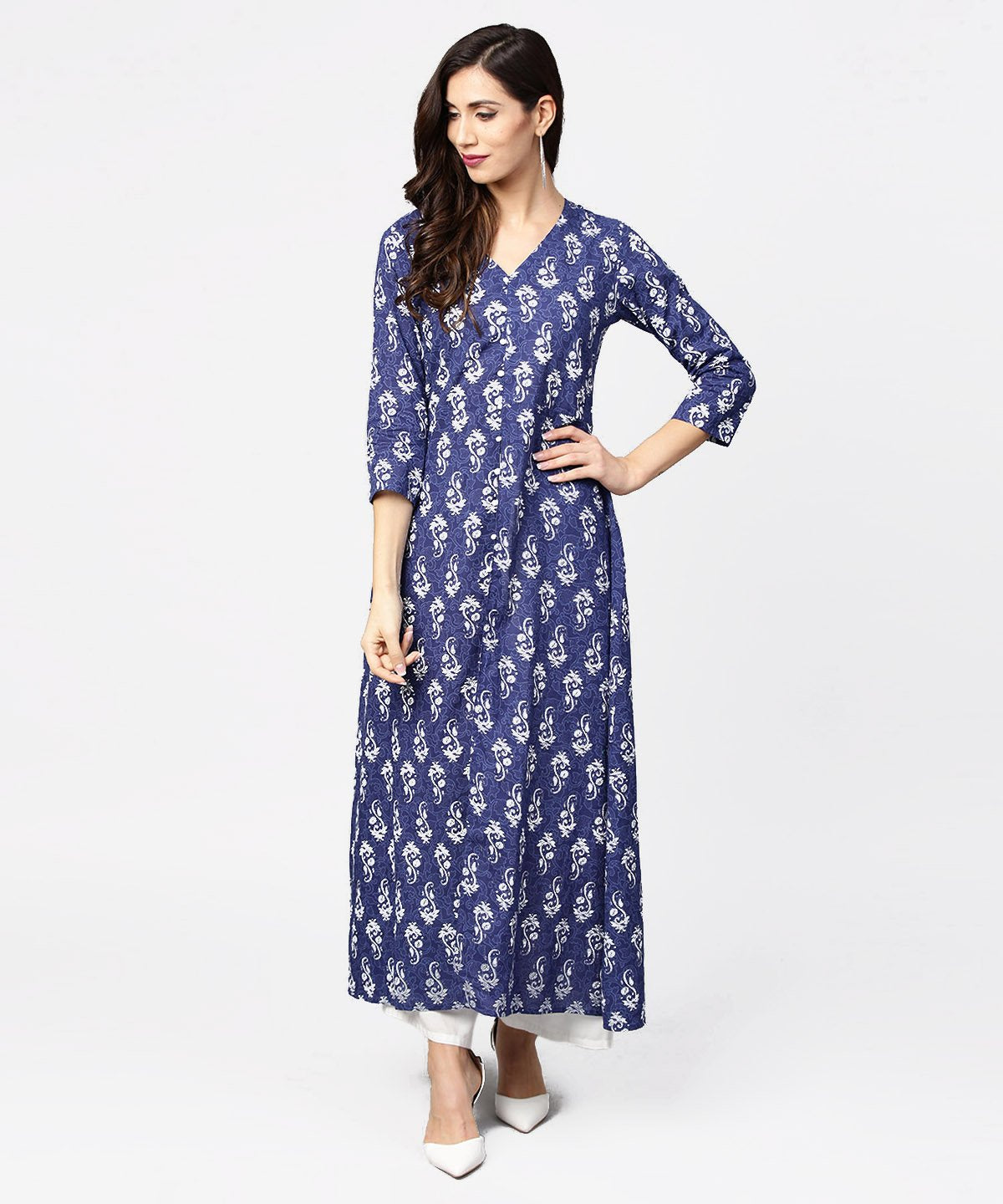 Blue Printed 3/4Th Sleeve Cotton Maxi Dress | LASVINI - Redefining Indian Fashion with Elegance