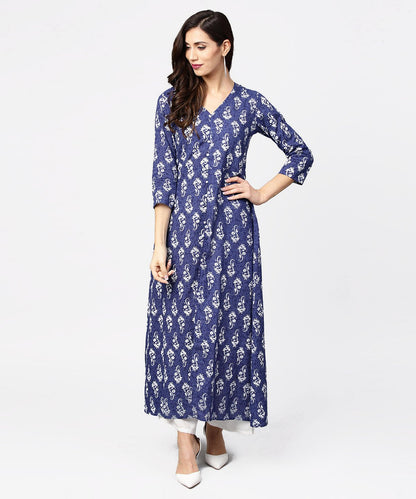 Blue Printed 3/4Th Sleeve Cotton Maxi Dress | LASVINI - Redefining Indian Fashion with Elegance