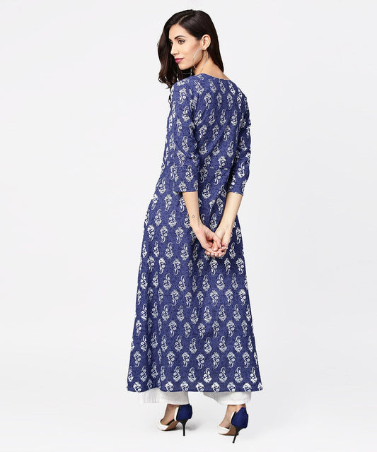 Blue Printed 3/4Th Sleeve Cotton Maxi Dress | LASVINI - Redefining Indian Fashion with Elegance