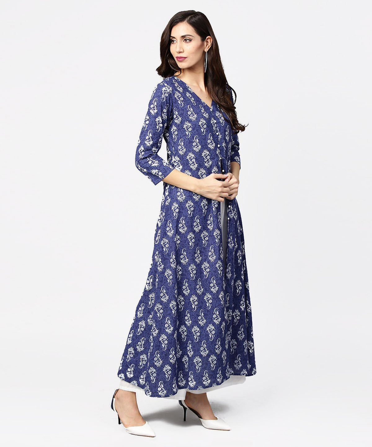 Blue Printed 3/4Th Sleeve Cotton Maxi Dress | LASVINI - Redefining Indian Fashion with Elegance