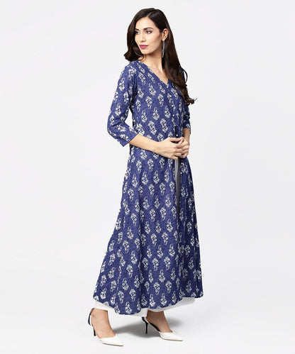 Blue Printed 3/4Th Sleeve Cotton Maxi Dress | LASVINI - Redefining Indian Fashion with Elegance