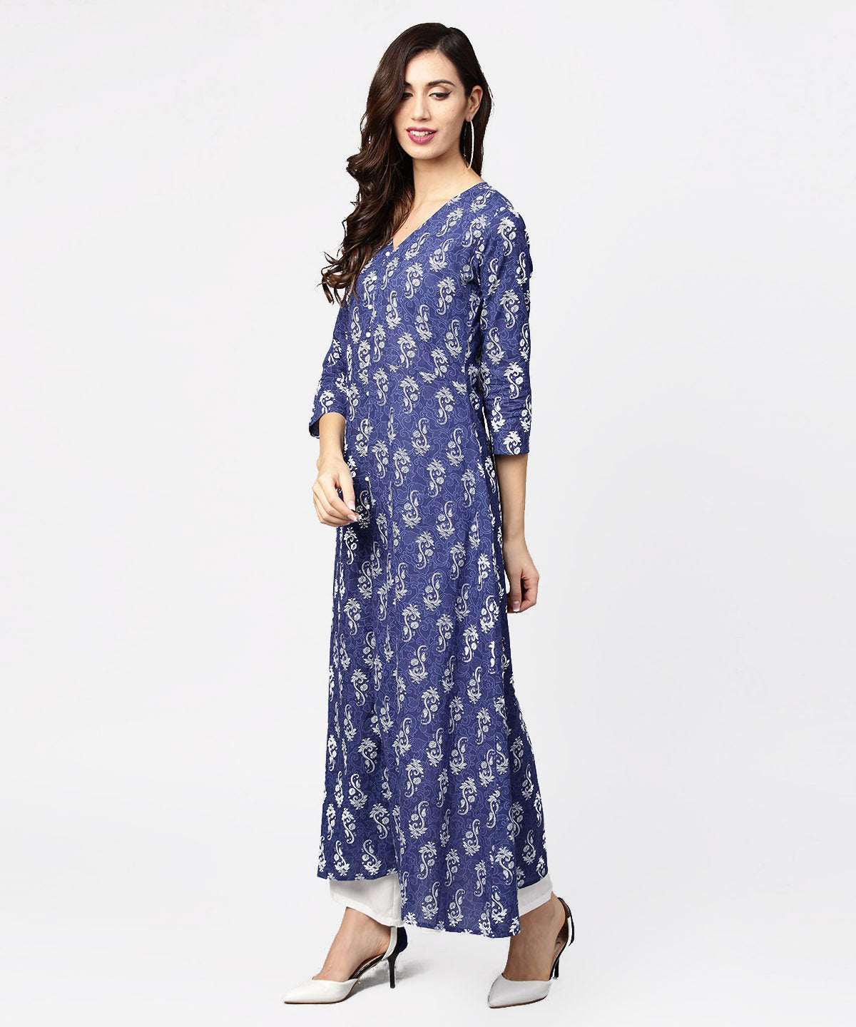 Blue Printed 3/4Th Sleeve Cotton Maxi Dress | LASVINI - Redefining Indian Fashion with Elegance