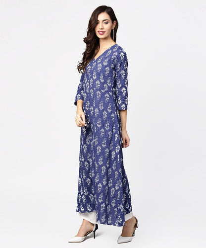 Blue Printed 3/4Th Sleeve Cotton Maxi Dress | LASVINI - Redefining Indian Fashion with Elegance