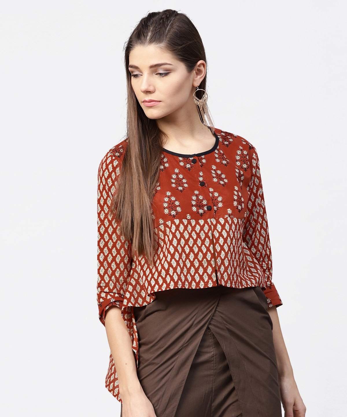 Red Printed 3/4Th Sleeve Cotton High Low Tops | LASVINI - Redefining Indian Fashion with Elegance