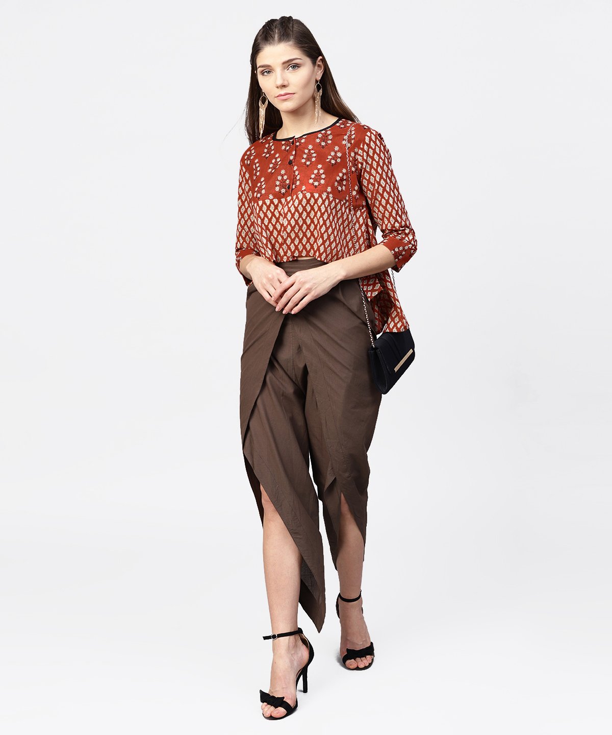 Red Printed 3/4Th Sleeve Cotton High Low Tops | LASVINI - Redefining Indian Fashion with Elegance