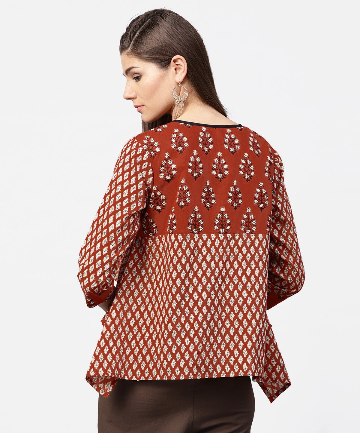 Red Printed 3/4Th Sleeve Cotton High Low Tops | LASVINI - Redefining Indian Fashion with Elegance