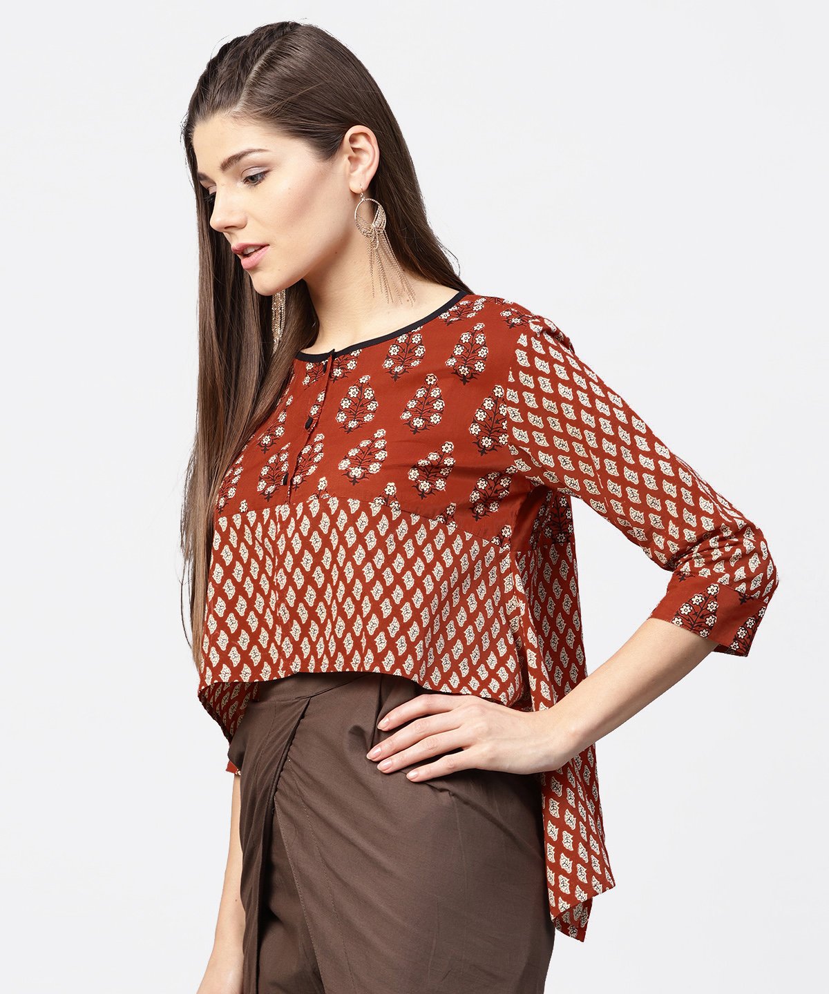 Red Printed 3/4Th Sleeve Cotton High Low Tops | LASVINI - Redefining Indian Fashion with Elegance