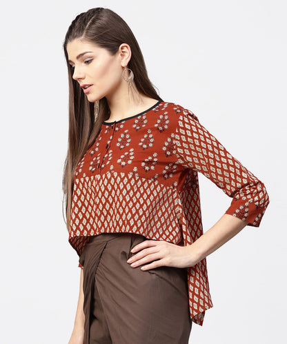 Red Printed 3/4Th Sleeve Cotton High Low Tops | LASVINI - Redefining Indian Fashion with Elegance