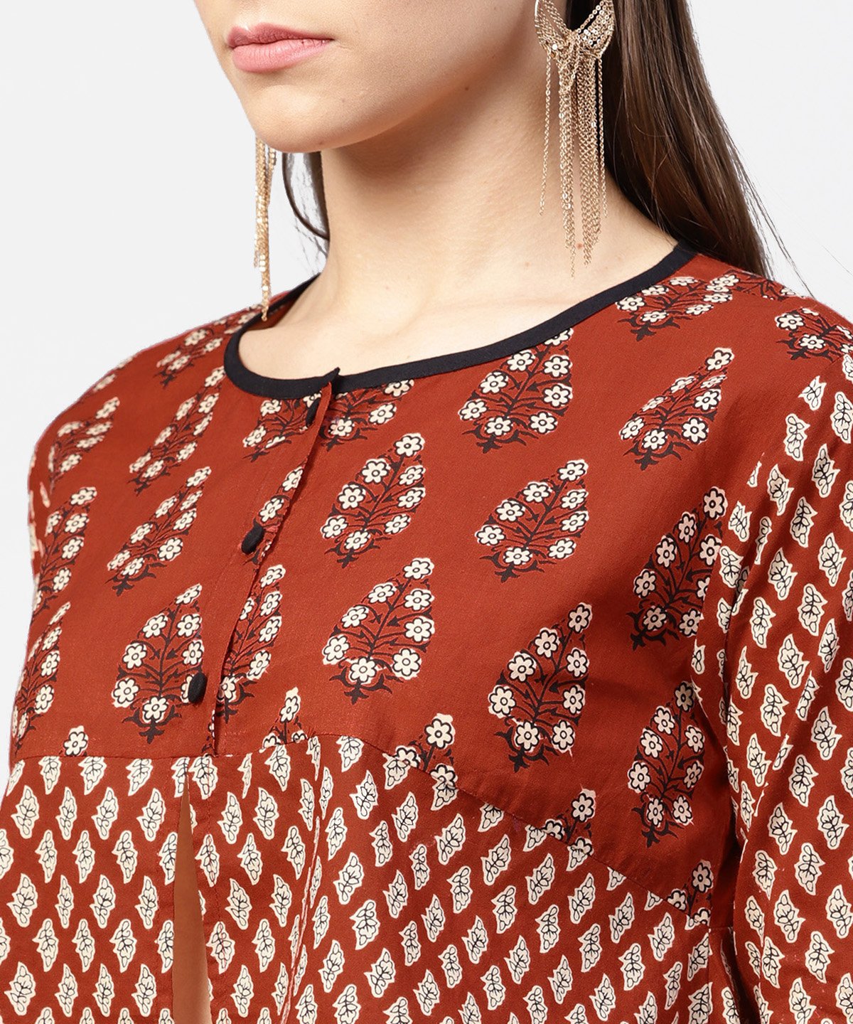 Red Printed 3/4Th Sleeve Cotton High Low Tops | LASVINI - Redefining Indian Fashion with Elegance