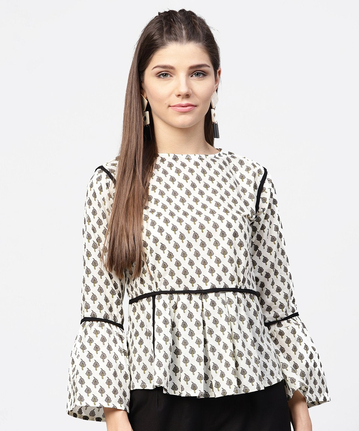 Off White Printed Flared Sleeve Cotton  Tops | LASVINI - Redefining Indian Fashion with Elegance