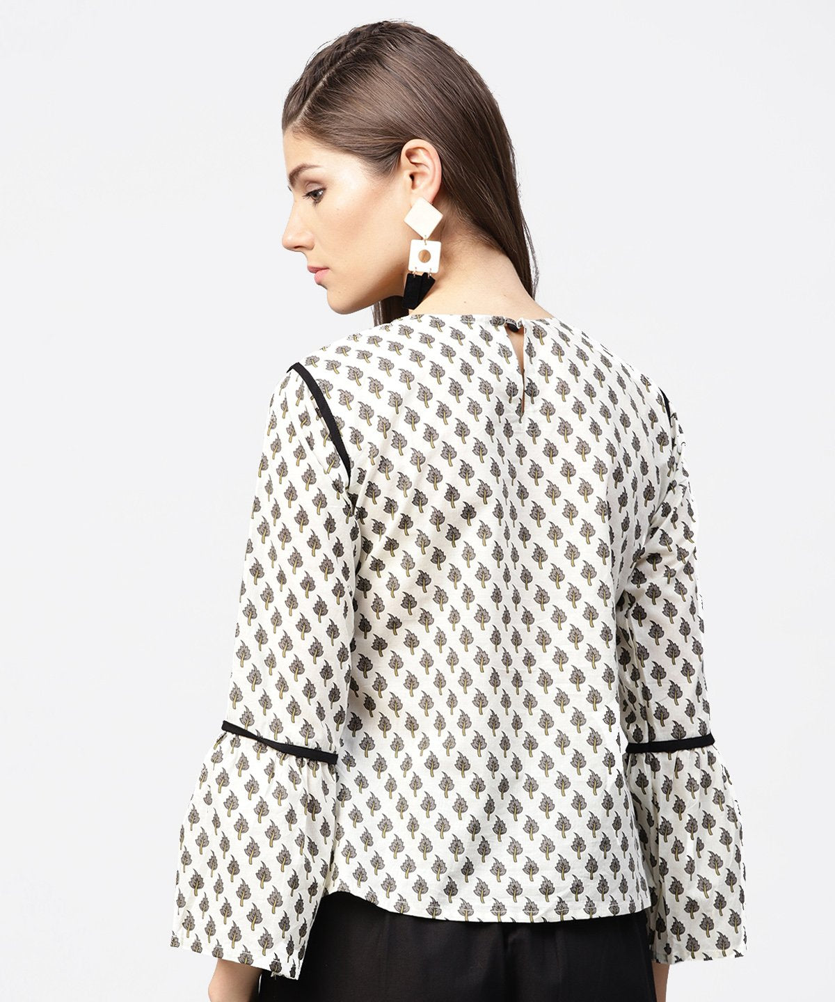 Off White Printed Flared Sleeve Cotton  Tops | LASVINI - Redefining Indian Fashion with Elegance