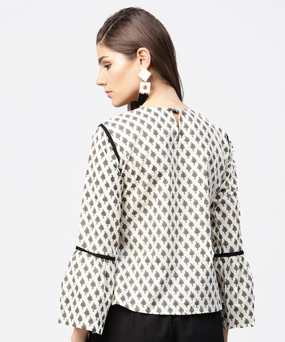 Off White Printed Flared Sleeve Cotton  Tops | LASVINI - Redefining Indian Fashion with Elegance