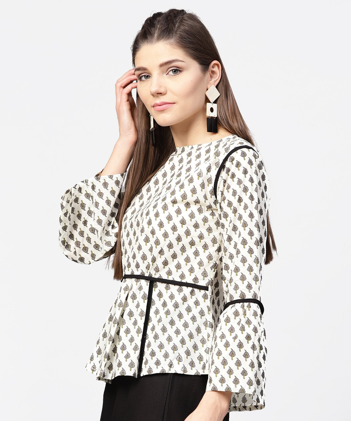 Off White Printed Flared Sleeve Cotton  Tops | LASVINI - Redefining Indian Fashion with Elegance