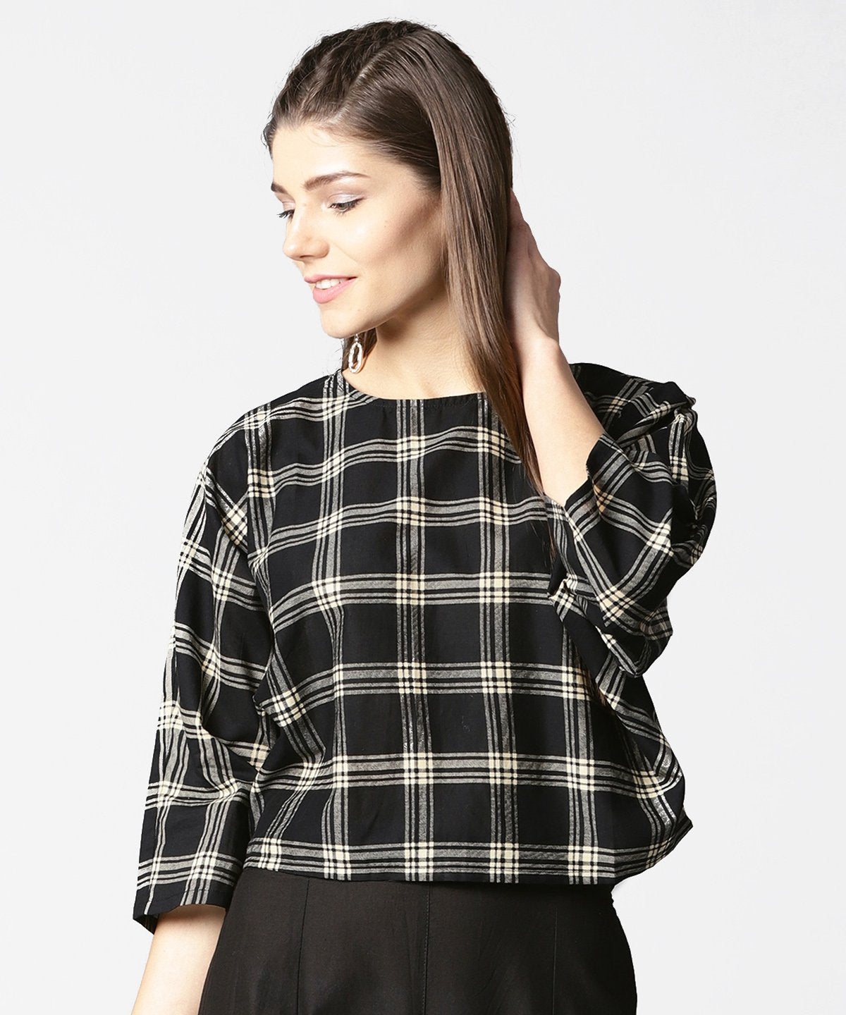 Black Check Flared Sleeve Cotton Top | LASVINI - Redefining Indian Fashion with Elegance