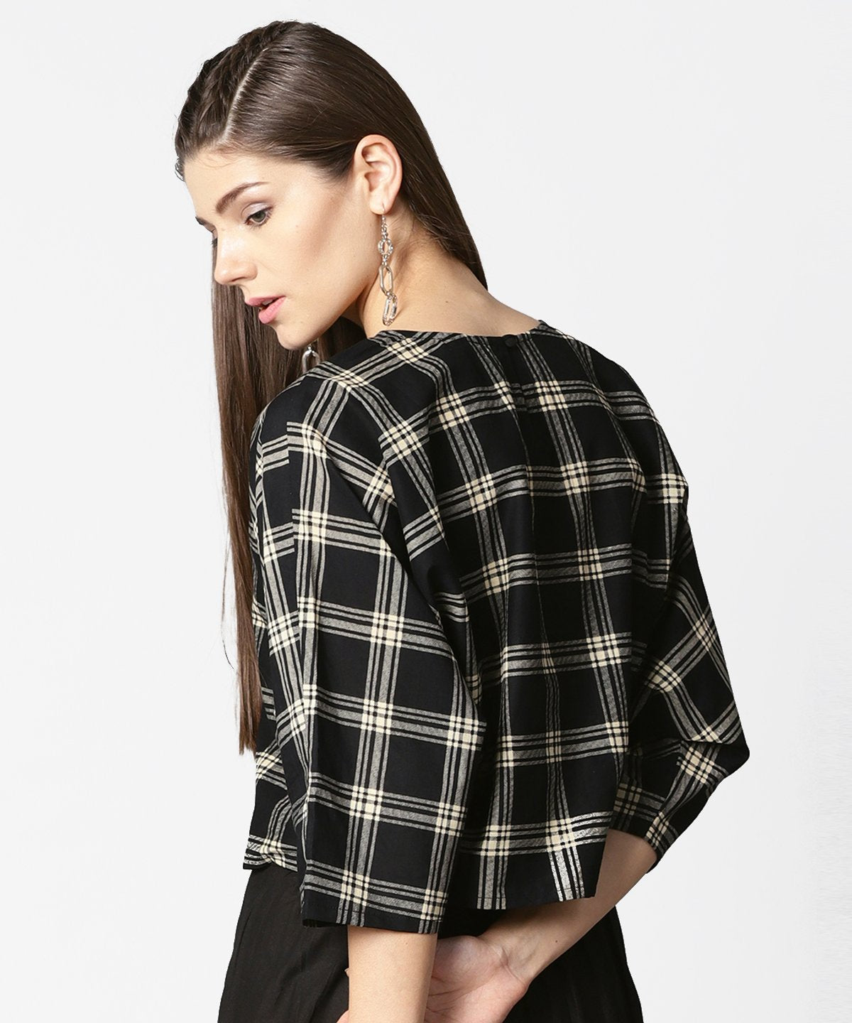 Black Check Flared Sleeve Cotton Top | LASVINI - Redefining Indian Fashion with Elegance