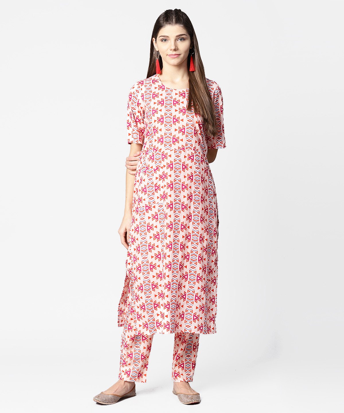 Peach Printed Half Sleeve Cotton Kurta With Ankle Length Printed Pant | LASVINI - Redefining Indian Fashion with Elegance