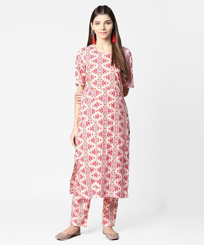 Peach Printed Half Sleeve Cotton Kurta With Ankle Length Printed Pant | LASVINI - Redefining Indian Fashion with Elegance
