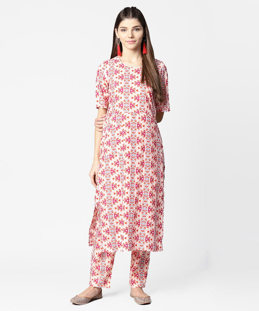 Peach Printed Half Sleeve Cotton Kurta With Ankle Length Printed Pant | LASVINI - Redefining Indian Fashion with Elegance