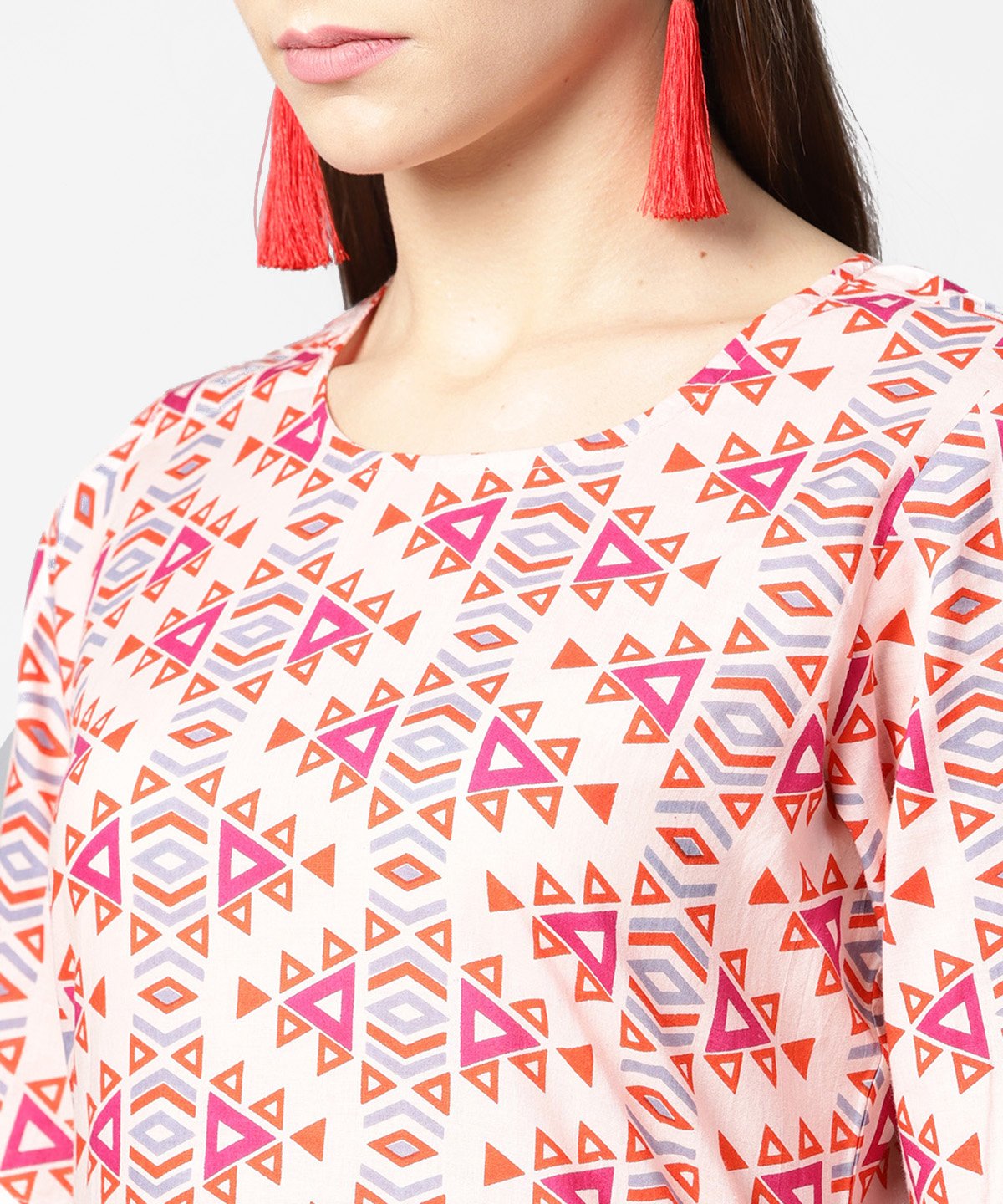 Peach Printed Half Sleeve Cotton Kurta With Ankle Length Printed Pant | LASVINI - Redefining Indian Fashion with Elegance