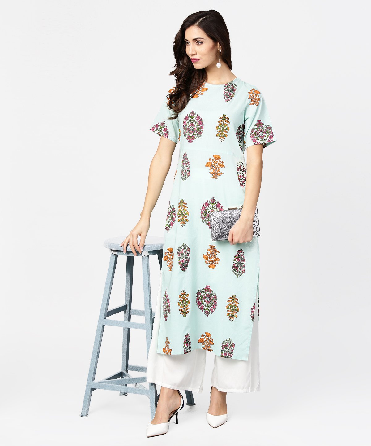 Light Blue Printed Short Sleeve Cotton Straight Kurta | LASVINI - Redefining Indian Fashion with Elegance