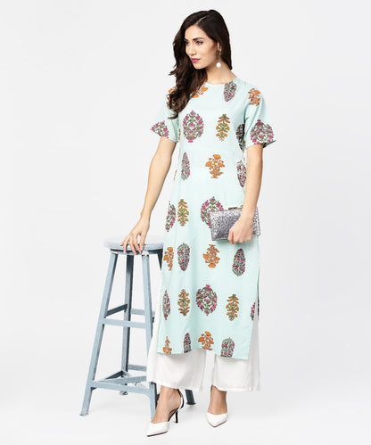 Light Blue Printed Short Sleeve Cotton Straight Kurta | LASVINI - Redefining Indian Fashion with Elegance