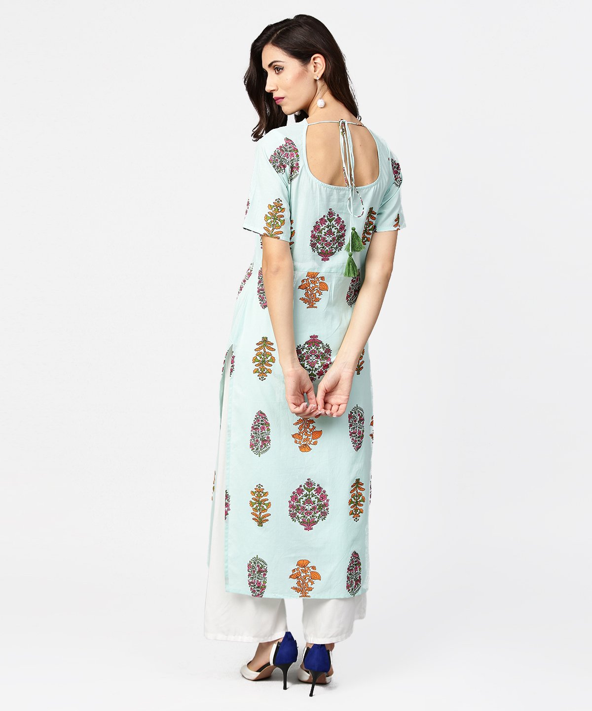 Light Blue Printed Short Sleeve Cotton Straight Kurta | LASVINI - Redefining Indian Fashion with Elegance