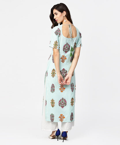 Light Blue Printed Short Sleeve Cotton Straight Kurta | LASVINI - Redefining Indian Fashion with Elegance