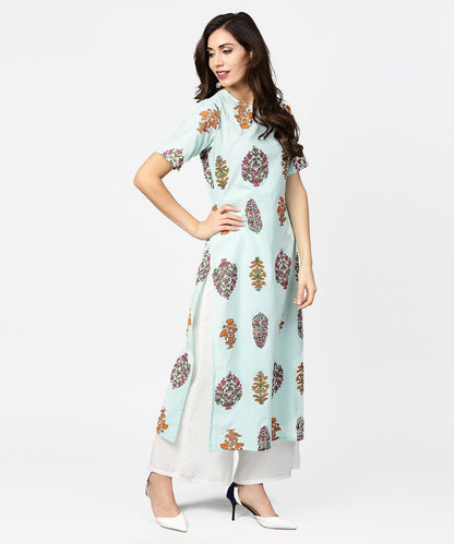 Light Blue Printed Short Sleeve Cotton Straight Kurta | LASVINI - Redefining Indian Fashion with Elegance