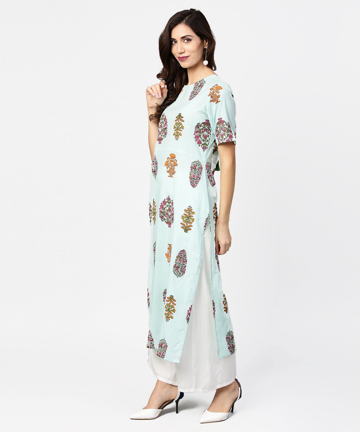 Light Blue Printed Short Sleeve Cotton Straight Kurta | LASVINI - Redefining Indian Fashion with Elegance