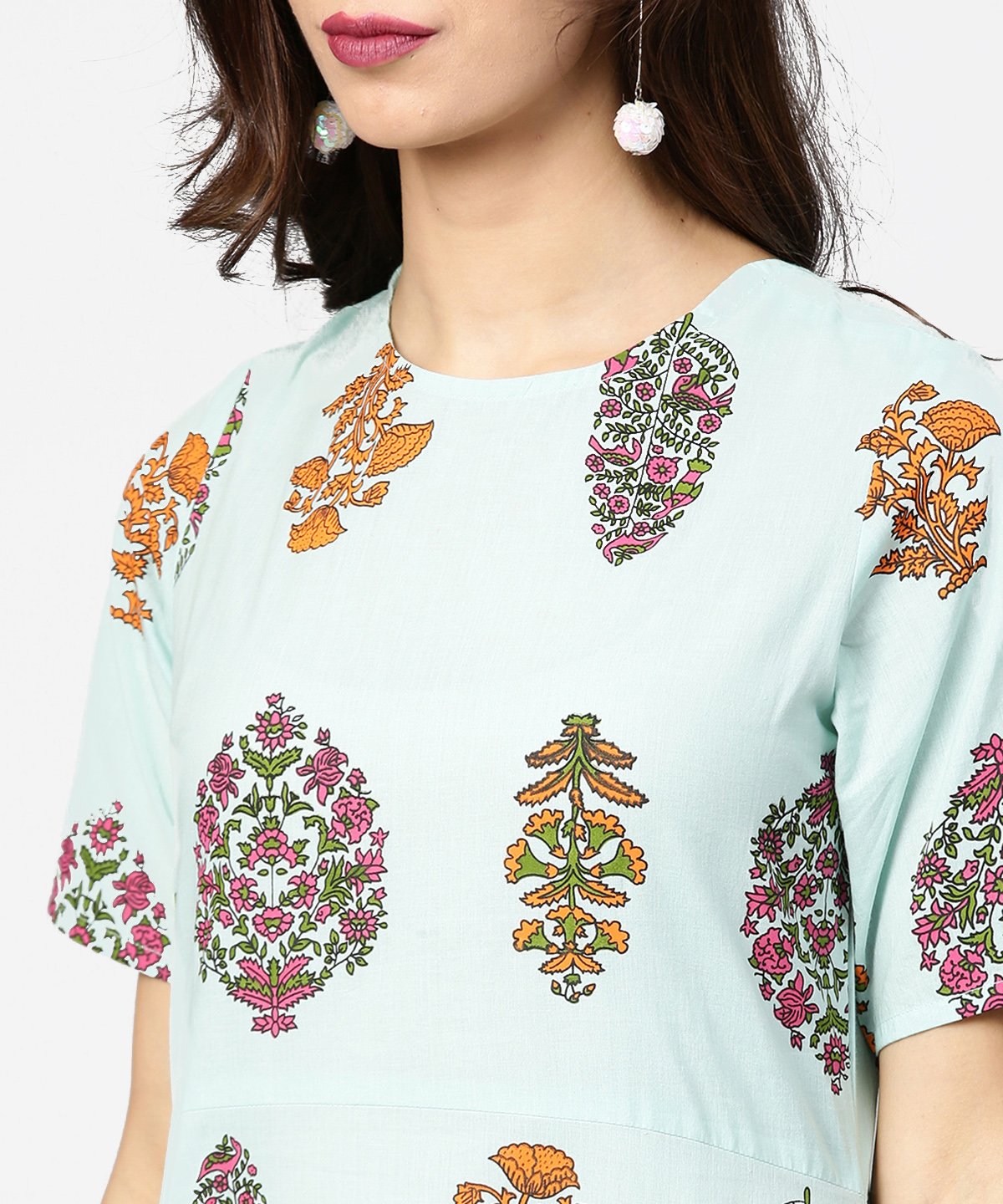 Light Blue Printed Short Sleeve Cotton Straight Kurta | LASVINI - Redefining Indian Fashion with Elegance