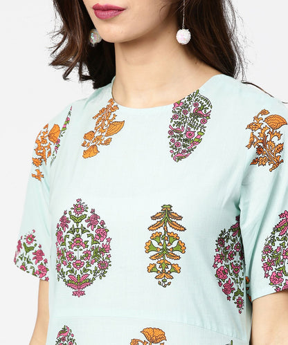 Light Blue Printed Short Sleeve Cotton Straight Kurta | LASVINI - Redefining Indian Fashion with Elegance