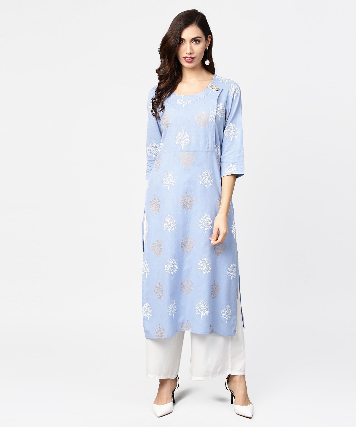 Grey Printed  3/4Th Sleeve Cotton Straight Kurta | LASVINI - Redefining Indian Fashion with Elegance