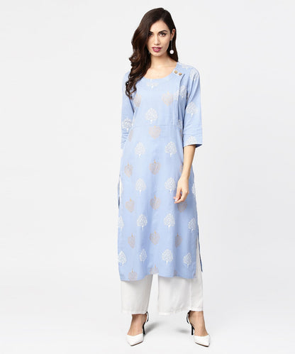 Grey Printed  3/4Th Sleeve Cotton Straight Kurta | LASVINI - Redefining Indian Fashion with Elegance